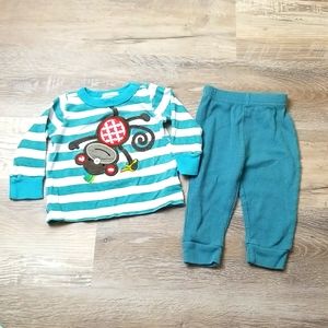 Baby boys monkey outfit teal long sleeve waffle knit pants 0-6m 3-6m set